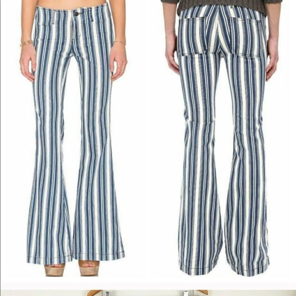 Free People Denim - Free People Jolene Bell Bottoms Striped Pant in White Indigo Hip Huggers Boho 31